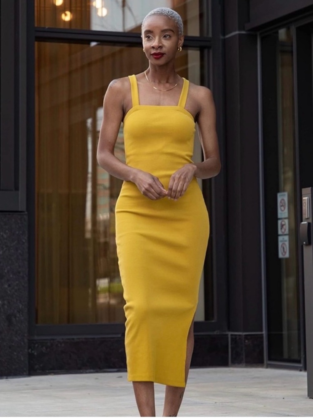 Signed Blake The Drop Square-Neck Sleeveless Midi Dress in Mustard Yellow